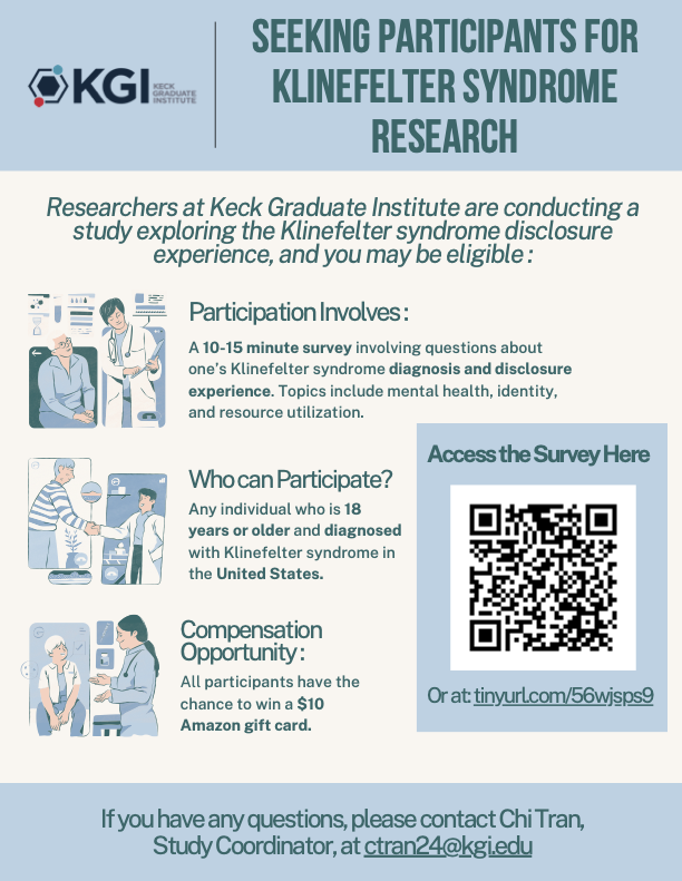 Klinefelter Syndrome Research Study Flyer with QR Code and email address of Study Coordinator